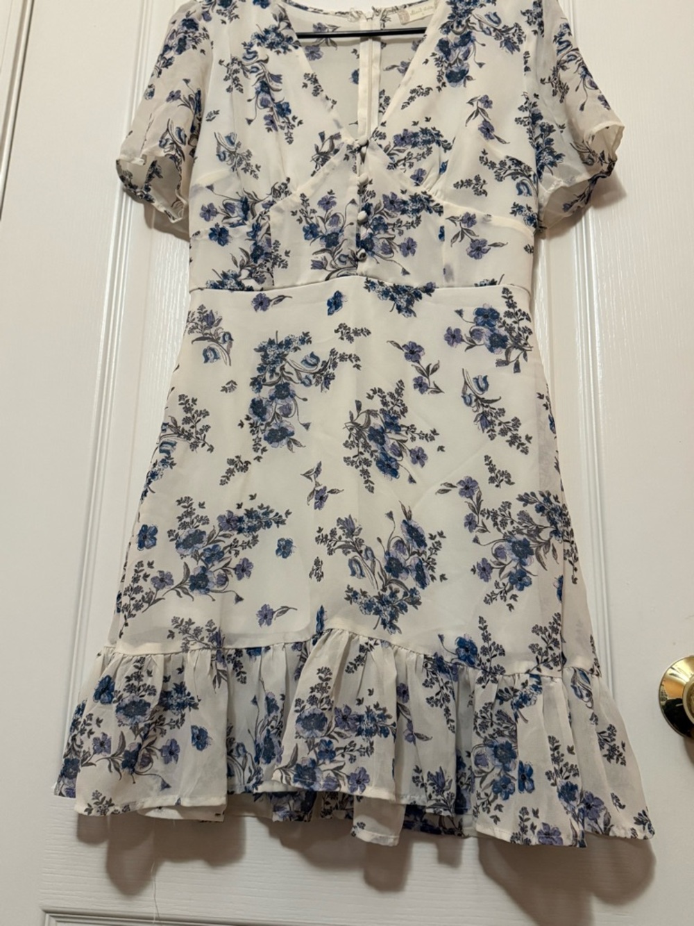 Altar'd State Cream Dress with Blue Floral Print and Ruffle Hem